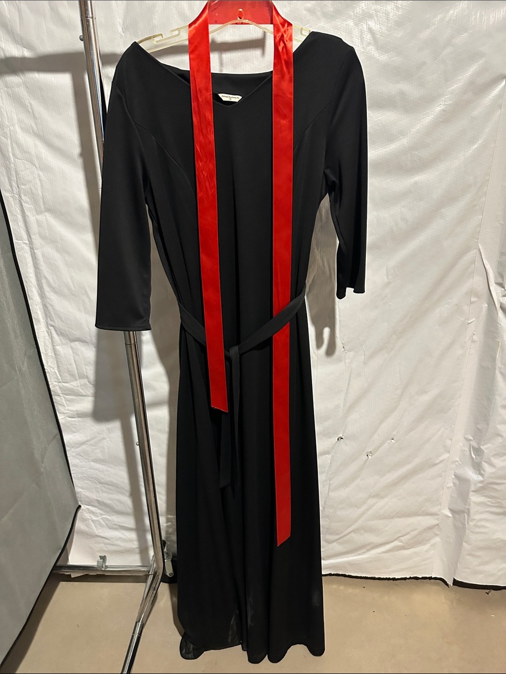 Classic Black Long Sleeve Maxi Dress with Red Sash